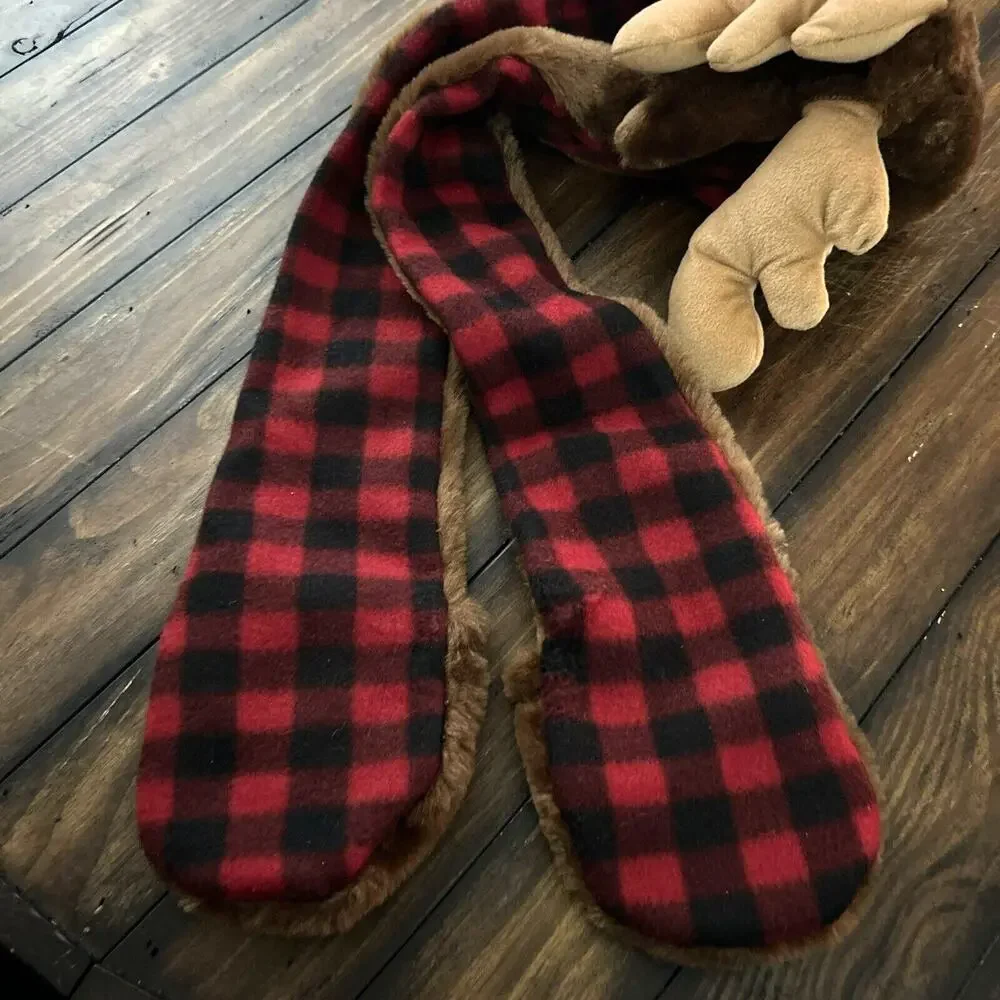 Wishpets 2012 Reindeer Toboggan Cap Plush Hat Mittens Plaid NWT - Picture 5 of 8